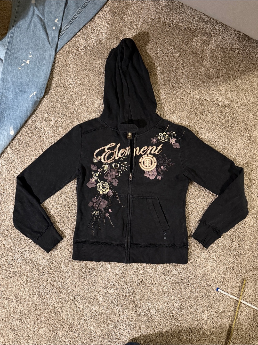 Element Black Hoodie Jacket with Floral Script